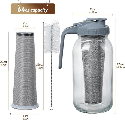 Cold Brew Coffee Maker Pitcher 64-ounce Glass Wide Mouth Mason Jar with Stainless Steel Filter and Pour Spout Handle Lid (Black, 64Ounce) in Kuwait