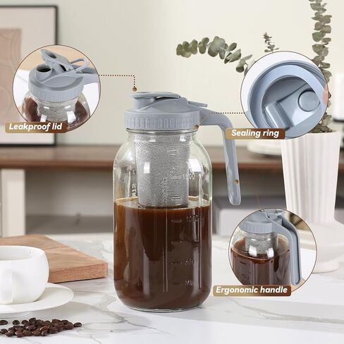 Cold Brew Coffee Maker Pitcher 64-ounce Glass Wide Mouth Mason Jar with Stainless Steel Filter and Pour Spout Handle Lid (Black, 64Ounce) in Kuwait