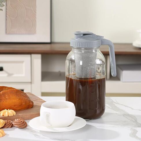 Cold Brew Coffee Maker Pitcher 64-ounce Glass Wide Mouth Mason Jar with Stainless Steel Filter and Pour Spout Handle Lid (Black, 64Ounce) in Kuwait