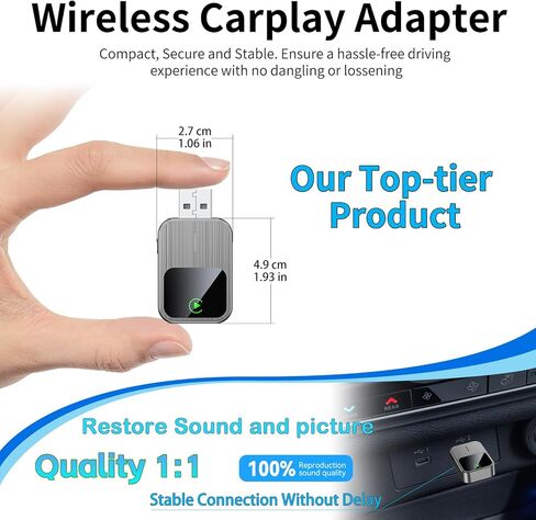 محول carplay اللاسلكي-2025 ترقية سلكية مدمجة لسيارة لعب اللاسلكي سهلة الاستخدام التوصيل والتشغيل بسرعة مستقرة مستقرة مصغرة USB & Reset Button للسيارات بعد عام 2016 (فقط لـ iPhone) in Kuwait