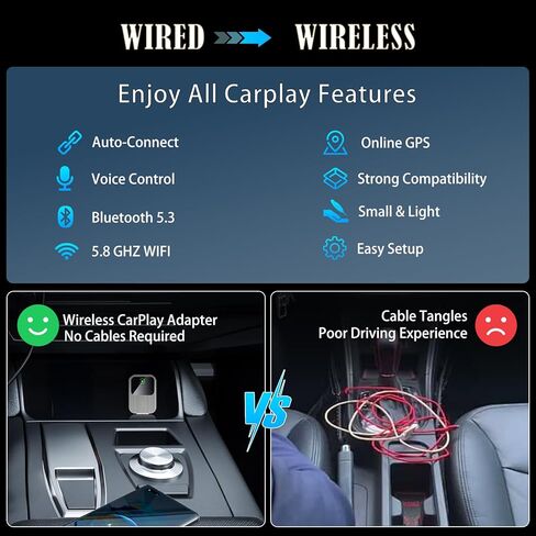 محول carplay اللاسلكي-2025 ترقية سلكية مدمجة لسيارة لعب اللاسلكي سهلة الاستخدام التوصيل والتشغيل بسرعة مستقرة مستقرة مصغرة USB & Reset Button للسيارات بعد عام 2016 (فقط لـ iPhone) in Kuwait
