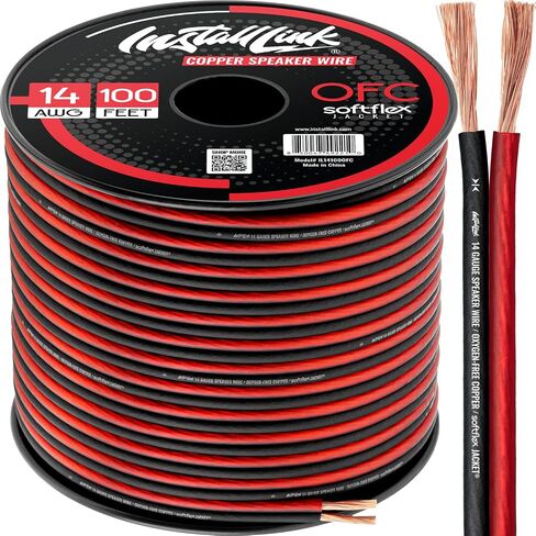Install Link 14 AWG Gauge Speaker Wire (100 Feet) Car or Home Theater (OFC) | Pure OFC Copper, 14/2 Speaker Cable, 2-Conductor, Frosted Red/Black, Easy Strip, Polarity ID, for Car Audio & Home Stereo in Kuwait