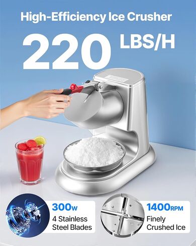 VEVOR Ice Crusher Machine, 220lbs Per Hour Electric 4 Blades Snow Cone Maker, Stainless Steel Shaved Ice Machine with Bowl and Cover, 300W 1400RPM Ice-Shaver for Home and Commercial Use, Blue in Saudi Arabia