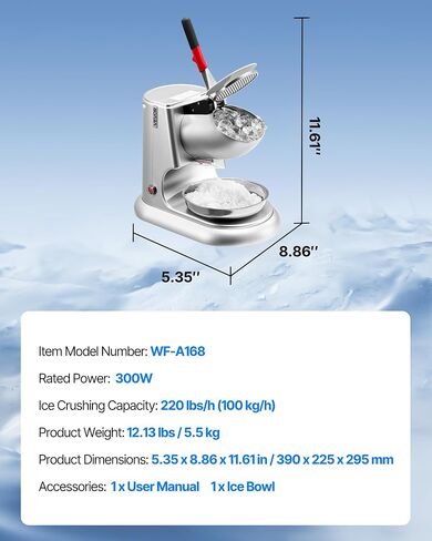 VEVOR Ice Crusher Machine, 220lbs Per Hour Electric 4 Blades Snow Cone Maker, Stainless Steel Shaved Ice Machine with Bowl and Cover, 300W 1400RPM Ice-Shaver for Home and Commercial Use, Blue in Saudi Arabia
