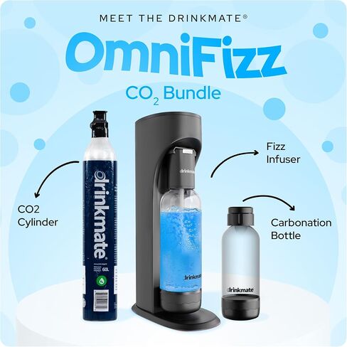 Drinkmate OmniFizz Sparkling Water Maker & Soda Streaming Machine | Carbonates Any Drink | PREMIUM KIT | Includes Four 60L CO2 Cartridges + One BPA-Free Bottle (Matte Black) in Saudi Arabia