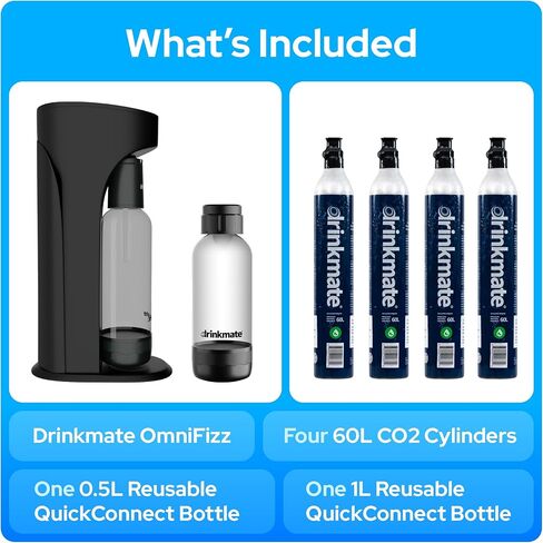 Drinkmate OmniFizz Sparkling Water Maker & Soda Streaming Machine | Carbonates Any Drink | PREMIUM KIT | Includes Four 60L CO2 Cartridges + One BPA-Free Bottle (Matte Black) in Saudi Arabia