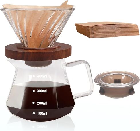 صب فوق صانع القهوة 600 مل borosilosicate الزجاج بالتنقيط خادم Coffeemaker مجموعة مع 100pcs V60 مرشحات الورق مخروط الجوز من طوق الزجاج الصافية in Saudi Arabia