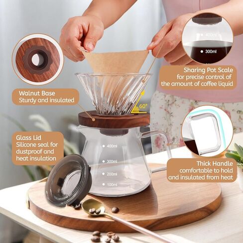 صب فوق صانع القهوة 600 مل borosilosicate الزجاج بالتنقيط خادم Coffeemaker مجموعة مع 100pcs V60 مرشحات الورق مخروط الجوز من طوق الزجاج الصافية in Saudi Arabia