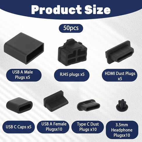 50 pcs 7 أنواع غطاء قابس USB الغبار ، سليكون USB C غبار المقابس المقاومة للهواتف المحمولة لـ USB-A أنثى/ذكر ، Type-C ، HDMI ، 3.5 ملم سماعة الرأس ، RJ45 Ethernet Protector Stoppers in Saudi Arabia