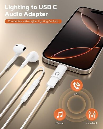 MoKo Lightning to USB C Adapter for Headphones with Line Control, Lightning to USB C Adapter Audio for iPhone 16e/iPhone 16/15 Pro Max Plus, Not for Charging/Data Transfer/Lavalier Mic/Speakers in Saudi Arabia