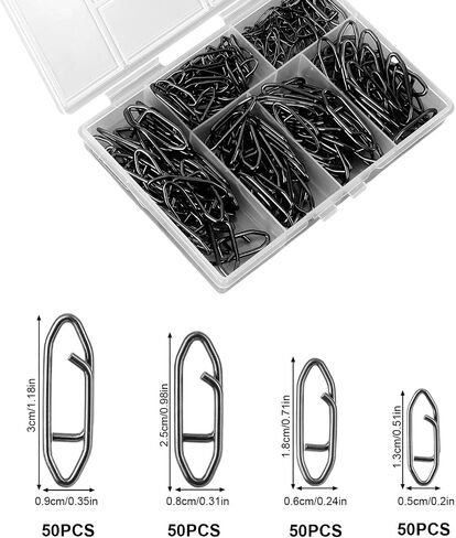 200pcs Fishing Power Speed Clips, Black High Strength Stainless Steel Connector Swivels Snaps Tackle Quick Change Lure for Freshwater & Saltwater (SS/S/M/L 50pcs Each) in Saudi Arabia