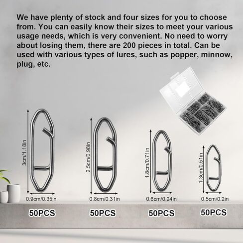 200pcs Fishing Power Speed Clips, Black High Strength Stainless Steel Connector Swivels Snaps Tackle Quick Change Lure for Freshwater & Saltwater (SS/S/M/L 50pcs Each) in Saudi Arabia