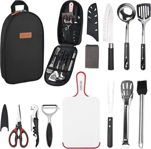 Camping Accessories Set, Camping Kitchen Utensil Organizer Travel Set with Tongs, Cutting Board, Bottle Cutter and Water Resistant Case for Daily Meal or Outdoor Hiking Picnic and Trekking in Saudi Arabia
