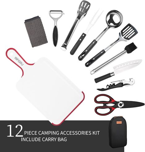 Camping Accessories Set, Camping Kitchen Utensil Organizer Travel Set with Tongs, Cutting Board, Bottle Cutter and Water Resistant Case for Daily Meal or Outdoor Hiking Picnic and Trekking in Saudi Arabia