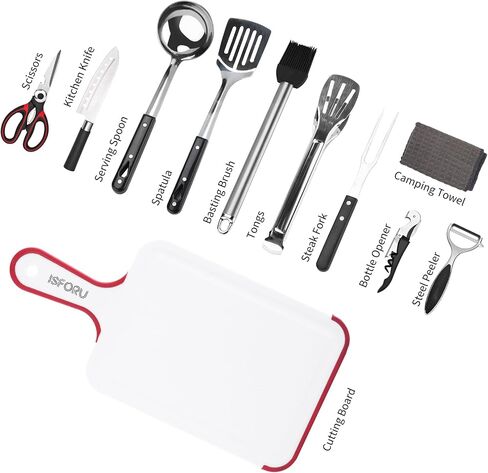 Camping Accessories Set, Camping Kitchen Utensil Organizer Travel Set with Tongs, Cutting Board, Bottle Cutter and Water Resistant Case for Daily Meal or Outdoor Hiking Picnic and Trekking in Saudi Arabia
