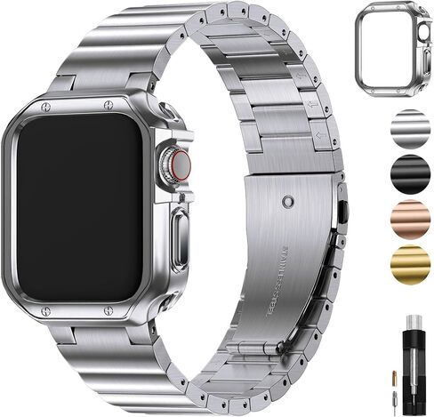 Fullmosa Metal Band Compatible with Apple Watch 45mm 44mm 42mm 41mm 40mm 38mm for Men Women, Stainless Steel iWatch Band with Case for Apple Watch Series 9 8 7 6 5 4 3 2 1 SE in Saudi Arabia