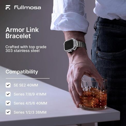 Fullmosa Metal Band Compatible with Apple Watch 45mm 44mm 42mm 41mm 40mm 38mm for Men Women, Stainless Steel iWatch Band with Case for Apple Watch Series 9 8 7 6 5 4 3 2 1 SE in Saudi Arabia