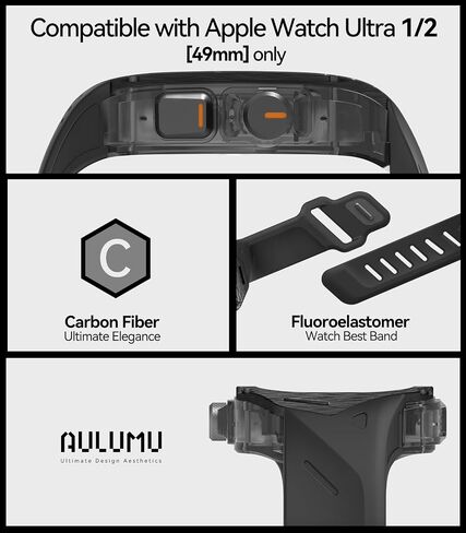 AULUMU A01 CORBON CARBON CASE مع Apple Watch Ultra Band 49mm | تصميم خفيف الوزن فاخر | فقط لفرقة Apple Watch Ultra 1/2 49mm | علبة ألياف الكربون مع الأشرطة السوداء in Kuwait