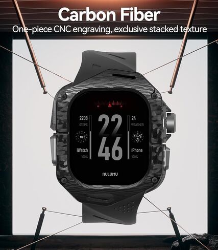 AULUMU A01 CORBON CARBON CASE مع Apple Watch Ultra Band 49mm | تصميم خفيف الوزن فاخر | فقط لفرقة Apple Watch Ultra 1/2 49mm | علبة ألياف الكربون مع الأشرطة السوداء in Kuwait