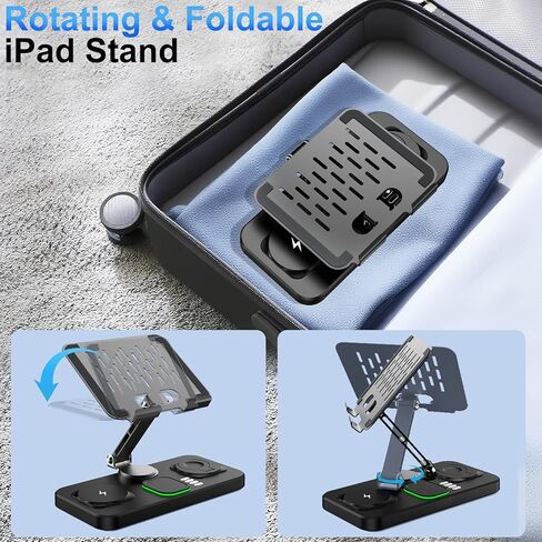 6 in 1 Wireless Charger for Apple Multiple Devices, Charging Station with Clock &7 Color Ambient Light, Foldable Rotate Stand for iPad, for iPhone16/15/14 Series, Support for Apple Watch10/9 AirPods4 in Kuwait
