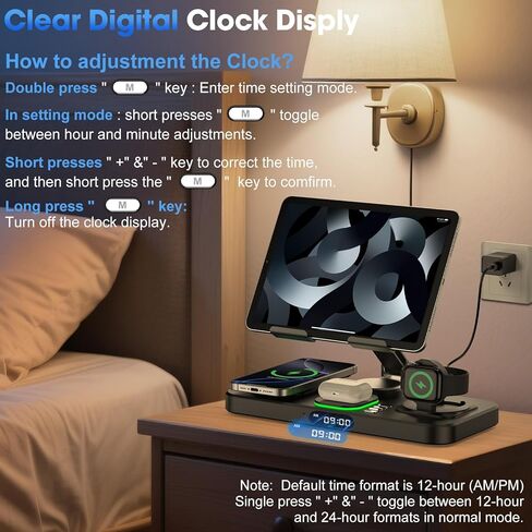 6 in 1 Wireless Charger for Apple Multiple Devices, Charging Station with Clock &7 Color Ambient Light, Foldable Rotate Stand for iPad, for iPhone16/15/14 Series, Support for Apple Watch10/9 AirPods4 in Kuwait