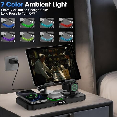 6 in 1 Wireless Charger for Apple Multiple Devices, Charging Station with Clock &7 Color Ambient Light, Foldable Rotate Stand for iPad, for iPhone16/15/14 Series, Support for Apple Watch10/9 AirPods4 in Kuwait