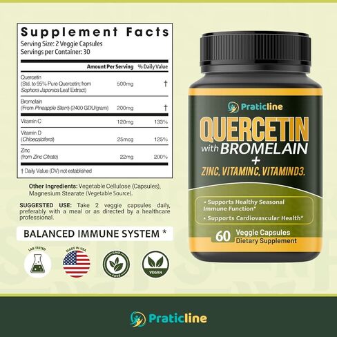 Quercetin with Vitamin C and Zinc - Quercetin with Bromelain - Quercetin 500mg - Zinc Quercetin - 60 Veggie Caps - Quercetin Supplements + Vitamin D3 - (Non-GMO, Gluten-Free, Vegan) 2 Month Supply in Saudi Arabia