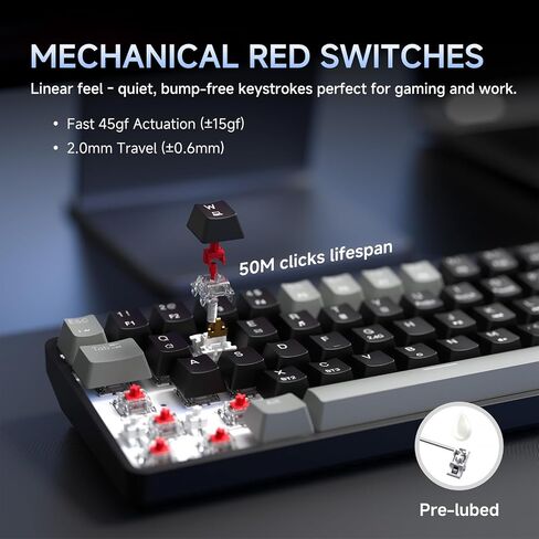 DIERYA DK68 60% Wireless Mechanical Gaming Keyboard, 3 Modes Bluetooth/2.4GHz/USB-C with Red Linear Switch, RGB Backlit, Anti-Ghosting, 68-Key Compact mini keyboard for Windows/macOS/Linux- Grey/Black in Kuwait