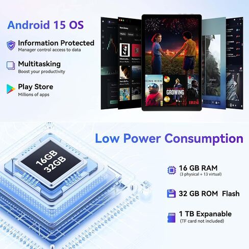 جهاز لوحي 10 بوصة Android 15 OS GMS Tablets PC 1.8 GHz 5-CORE 16 (3+13) GB RAM 32 GB ROM 1 TB قابلة للتوسيع 1280X800 HD IPS شاشة لمس 5000 MAH WIFI 6 Bluetooth 5.4 Dual Camera 2025 (Black) in Kuwait