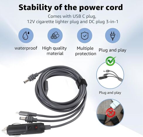 3 in 1 DC Power Cable, 100W USB C 12-24V Car Charger DC Male Plug for Satellite Accessories with 18AWG Wire for Laptops Camping (10meters) in Saudi Arabia