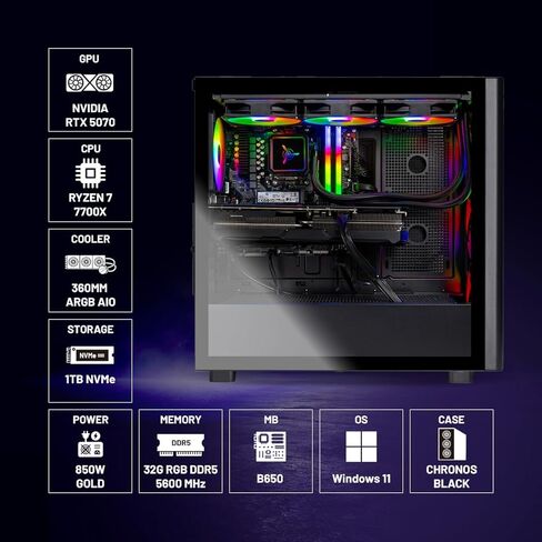 Skytech Gaming Chronos 3 Desktop PC, Ryzen 7 7700X 4.5 GHz (5.4GHz), NVIDIA RTX 5070 12GB, 1TB NVMe SSD, 32GB DDR5 RAM 5600 RGB, 850W Gold PSU, 360mm ARGB AIO, Wi-Fi, Win 11 in Saudi Arabia