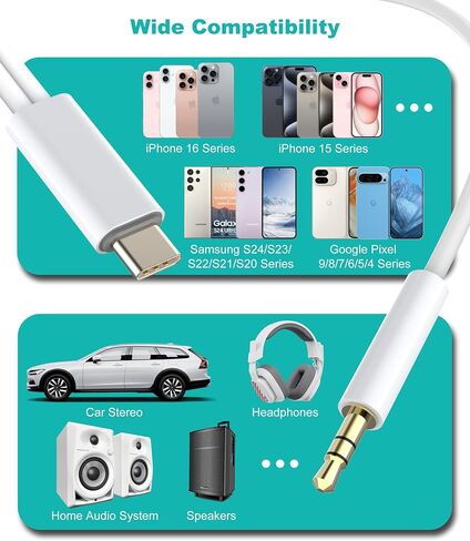 AUX to USB C Cable for Old Car,[Mfi Certified]2-in-1 Type-C to 3.5mm Male Audio Cord with USB Charging Plug for iPhone 16/15 Series, Galaxy S20-S25, Pixel,Noise-Free Music & 5v/3A Fast Charging in Kuwait
