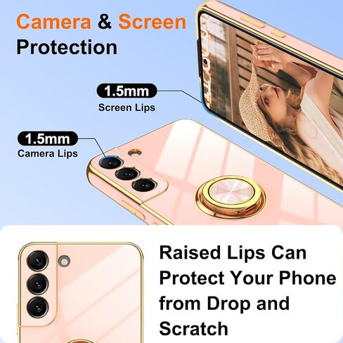 حافظة Gritup لهاتف Samsung Galaxy S23: مع قطعتين من واقي الشاشة، حامل حلقة يدور 360 درجة، مسند مغناطيسي، حافة ذهبية مطلية بغطاء حماية ناعم من مادة TPU مضادة للصدمات لهاتف Galaxy S23، أخضر البازلاء in Kuwait