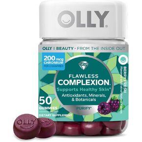 OLLY Flawless Complexion Gummy, Clear and Healthy Skin Support, Vitamins E, A, Zinc, Chewable Supplement, Berry - 50 Count (Pack of 1) in Saudi Arabia