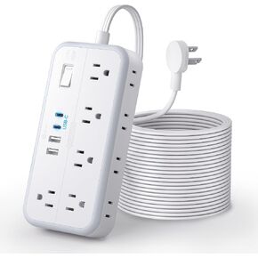 Flat Extension Cord 25 FT, NTONPOWER Long Power Strip, 10 Outlets 4 USB Ports (2 USB C), 3 Side 3 Prong & 2 Prong, Overload Protection, Flat Plug Wall Mount, White, SurgePro in Saudi Arabia