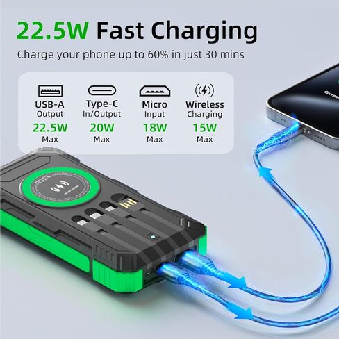 Solar Charger Power Bank 49800mAh Wireless Portable Phone Charger, 22.5W QC3.0 Fast Charging Built in 4 Cables with USB C 6 Outputs & 2 Inputs for All Cell Phone in Saudi Arabia