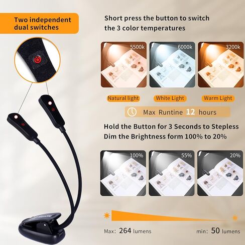 KunHe 5 Pack Music lamp Reading Clip lamp USB-C and AAA Battery Power Supply (Included) Three Color temperatures Suitable for Band Users Reading Enthusiasts in Saudi Arabia