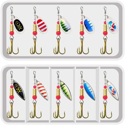 Rotating Fishing Lures Spinnerbait, Spinner Baits Kit for Bass Salmon Trout Freshwater seawater with Tackle Box (B), 10 pcs in Saudi Arabia