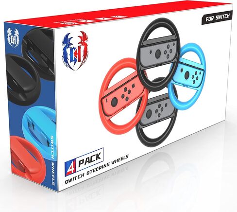 GH 4 Pack Switch Steering Wheel Compatible with Mario Kart 8 Deluxe, Racing Wheel Accessories Compatible with Nintendo Switch/Switch OLED Joy Con Controller (Black x2, Red and Blue) in Kuwait