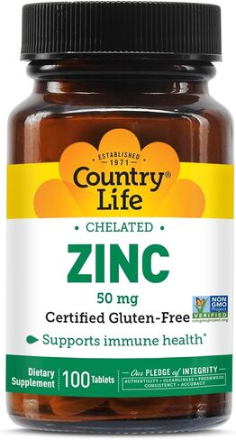 Country Life Zinc 50mg، خلات الأحماض الأمينية، 100 قرص، معتمد خالي من الغلوتين، نباتي معتمد، تم التحقق من عدم وجود كائنات معدلة وراثيًا in Saudi Arabia