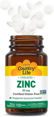 Country Life Zinc 50mg، خلات الأحماض الأمينية، 100 قرص، معتمد خالي من الغلوتين، نباتي معتمد، تم التحقق من عدم وجود كائنات معدلة وراثيًا in Saudi Arabia