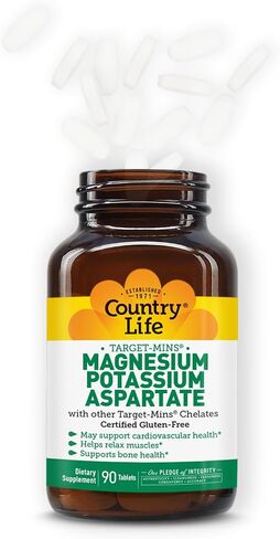 Country Life Target-Mins المغنيسيوم والبوتاسيوم الأسبارتات، 600 مجم/198 مجم، 180 قرصًا، خالي من الغلوتين معتمد، نباتي معتمد in Saudi Arabia
