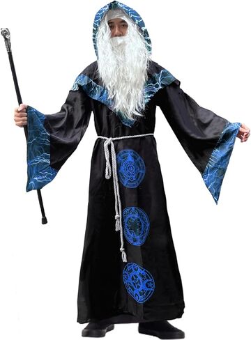 Mens Dark Wizard Costume Mystic Sorcerer Robe Hallowee Medieval Dark Devil Wizard Hooded Cape Halloween Costume in Kuwait