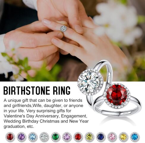 925 Sterling Silver Birthstone Rings for Women Girls with Clear 2ct Heart/ Round/ Teardrop/ Square Crystal, Solitaire Diamond Halo Open Bands Cubic Zirconia Rings Adjustable Size#6-#12 in Kuwait