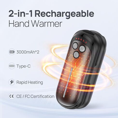 Rechargeable Hand Warmers 2 Pack, 6000mAh Electric Hand Warmer Rechargeable, 2 in 1 Portable Hand Warmers with AI Smart Chips, Outdoor, Hunting, Camping for Family for Christmas in Saudi Arabia