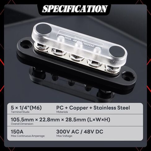 500A BUS BAR 12V كتلة توزيع الطاقة مع غطاء 4 × 5/16 "(M8) + 2 × 3/8" (M10) ترصيع 48V DC 300V AC BUSBAR TERMINAL TERMINAL لقارب السيارات البحرية - إيجابية وسلبية in Kuwait
