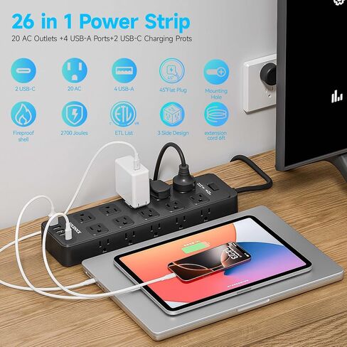 Flat Plug Power Strip Surge Protector with 20 AC Outlets 6 USB Chagring Ports, 1875W/15A, 2700 Joules, 6 Ft Heavy Duty Extension Cord for Home, Office, Dorm, Gaming,ETL Listed (Black, 6Feet) in Saudi Arabia