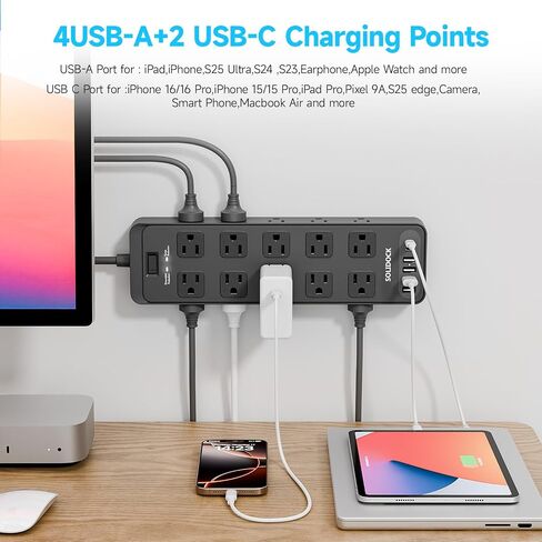 Flat Plug Power Strip Surge Protector with 20 AC Outlets 6 USB Chagring Ports, 1875W/15A, 2700 Joules, 6 Ft Heavy Duty Extension Cord for Home, Office, Dorm, Gaming,ETL Listed (Black, 6Feet) in Saudi Arabia
