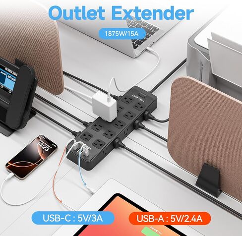 Flat Plug Power Strip Surge Protector with 20 AC Outlets 6 USB Chagring Ports, 1875W/15A, 2700 Joules, 6 Ft Heavy Duty Extension Cord for Home, Office, Dorm, Gaming,ETL Listed (Black, 6Feet) in Saudi Arabia