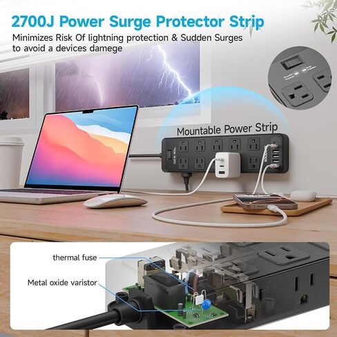 Flat Plug Power Strip Surge Protector with 20 AC Outlets 6 USB Chagring Ports, 1875W/15A, 2700 Joules, 6 Ft Heavy Duty Extension Cord for Home, Office, Dorm, Gaming,ETL Listed (Black, 6Feet) in Saudi Arabia
